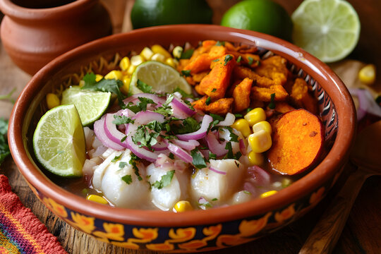 A delicious and colorful dish of Peruvian ceviche, showcasing fresh ingredients and vibrant flavors