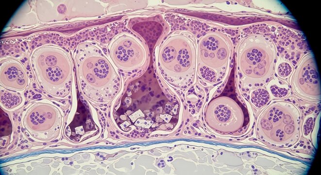Microscopic view of cellular tissue with purple stained nuclei