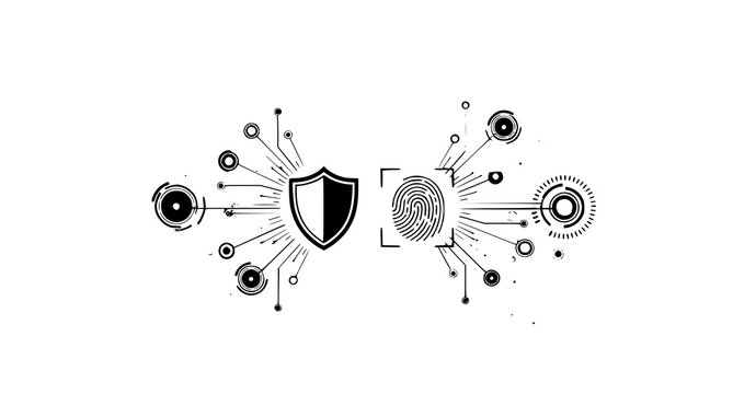 Digital security shield and fingerprint scan graphic with data securit