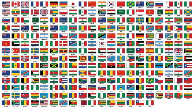 World national flags vector grid collection featuring colorful country emblems, international identity, global diversity, sovereignty symbols, patriotic designs, educational infographic, multicultural