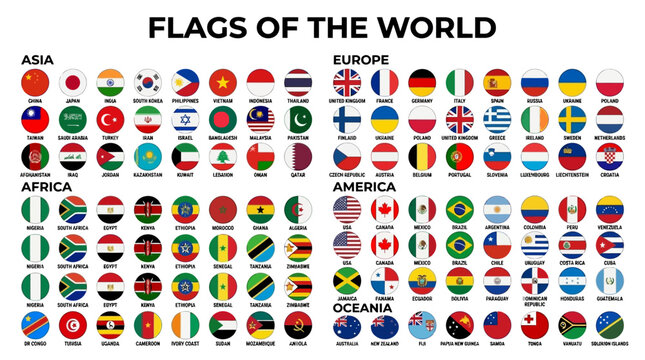 Flags of the world vector chart featuring Europe, America, Asia, Africa, Oceania circular icons, colorful national flag symbols, educational global diversity infographic vector illustration design