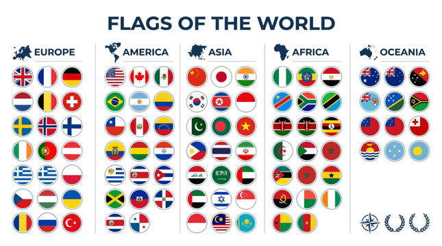 Flags of the world vector chart featuring Europe, America, Asia, Africa, Oceania circular icons, colorful national flag symbols, educational global diversity infographic vector illustration design