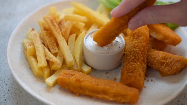 Fish and chips. Deep fried fish sticks and crispy french fries served with tar tar sauce