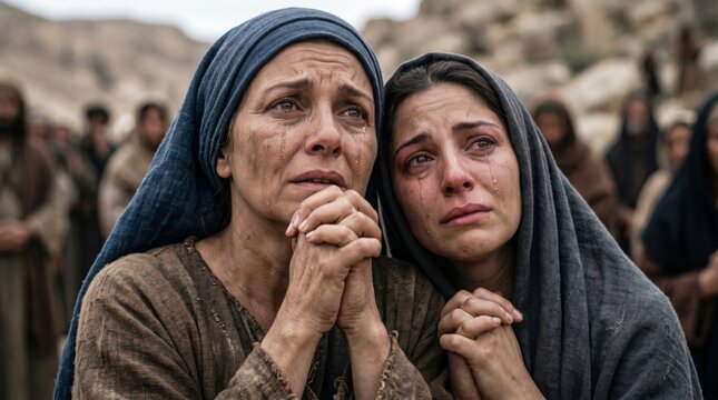 Two crying women in robes praying. Emotional scene of grief and faith in biblical times. Sad followers of Jesus mourning during the passion. Authentic historical religious depiction.