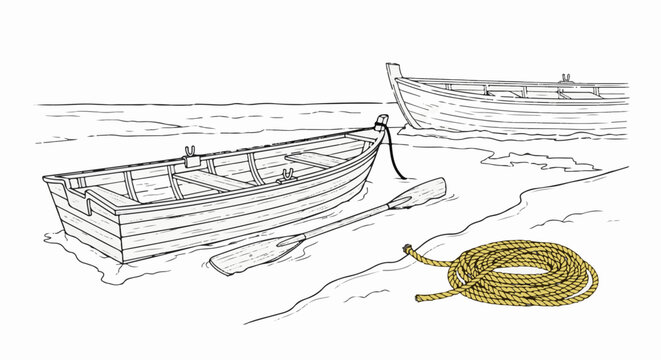 Two wooden rowboats resting on a sandy shore with oars and rope