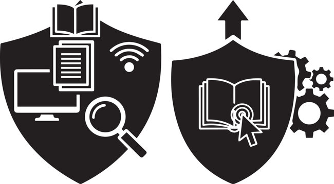 Cybersecurity shield emblem with digital protection and network security icons for tech and business websites