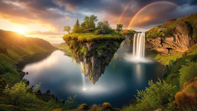 Floating fantasy island over a lake with waterfalls and rainbows