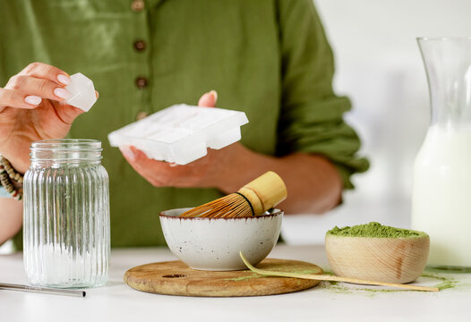 Woman Making Matcha Latte Close Up