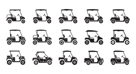 Set of fifteen golf cart vector illustrations isolated on white background for sports leisure graphic.