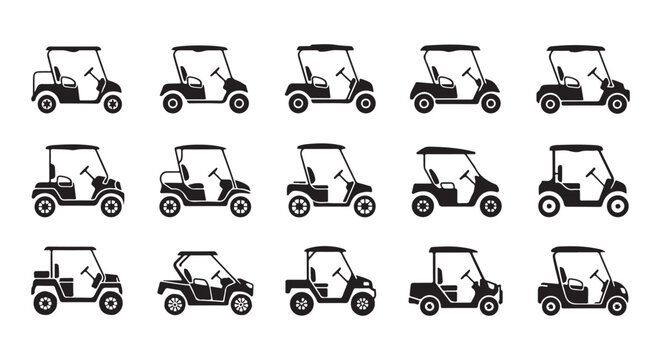 Set of fifteen golf cart vector illustrations isolated on white background for sports leisure graphic.