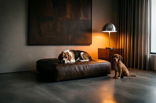 Two Dogs in Modern Living Room with Art and Warm Lighting