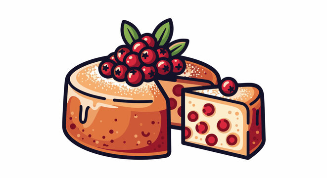 A cartoonish fruit cake with a slice cut out, topped with berries