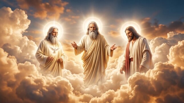 Holy Trinity concept with God, Jesus Christ and the Holy Spirit represented by a dove. Divine figures in heaven above clouds. Traditional biblical scene for religious worship artwork.