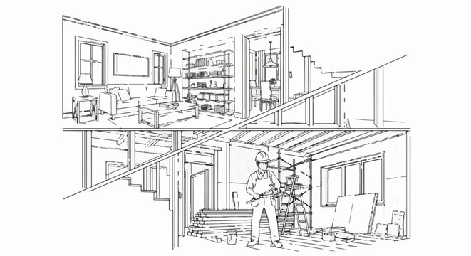 Upstairs living area contrasts with downstairs construction site