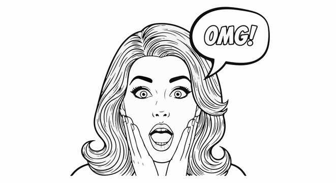 Woman with surprised expression and open mouth, hands on cheeks, comic style