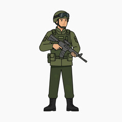 Naklejka premium Armed Soldier Illustration: An illustration of a soldier stands at attention, clad in full battle gear, with a rifle in hand, representing readiness and defense.
