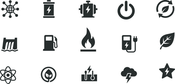 Energy source icons power ecology and fuel symbols for design projects