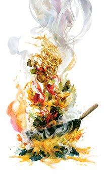 Vibrant watercolor stir-fry illustration captures energetic cooking motion and delicious food artistry