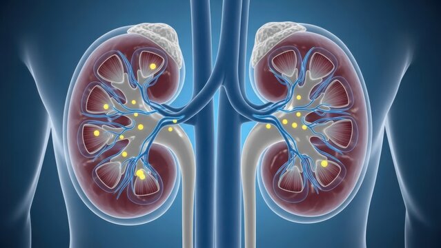Detailed anatomy of human kidneys highlighting renal structures