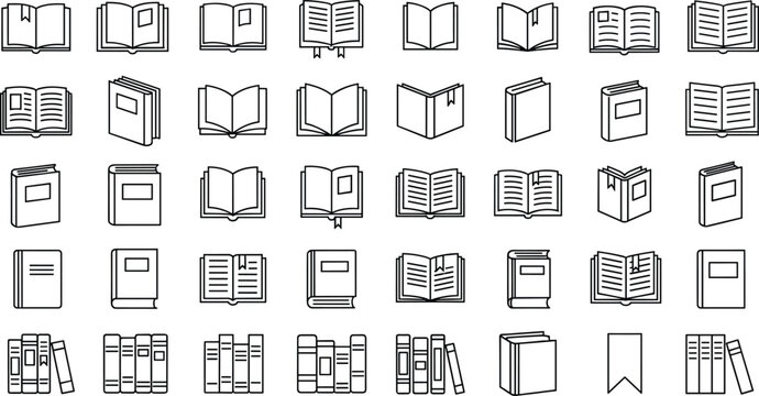 Books and Bookmarks Icon Set Featuring Different Book Styles, Open and Closed Books, and Library Symbols for Websites, Apps, and Digital Media