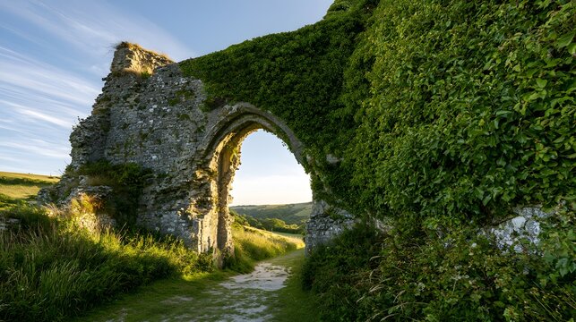 Ancient castle gatehouse ruins evoke a peaceful English countryside scene bathed in soft sunlight