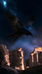 Fototapeta premium Mystical raven soars above ancient ruins bathed in starlight a breathtaking nocturnal vision