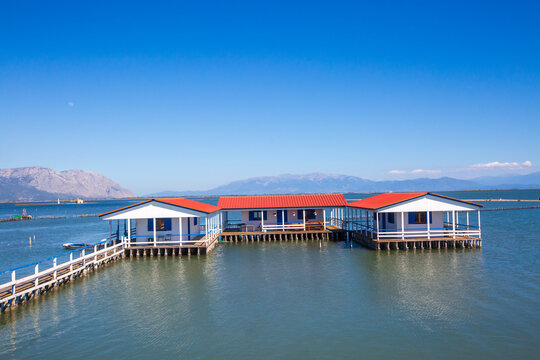 Traditional wooden stilt houses called Pelades in the Messolonghi lagoon of Tourlida Greece