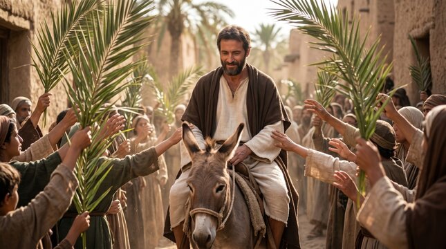 Jesus riding a donkey during Palm Sunday entry into Jerusalem. Biblical scene depicting crowd welcoming savior with palm branch. Christianity, religion and historical Middle East life.