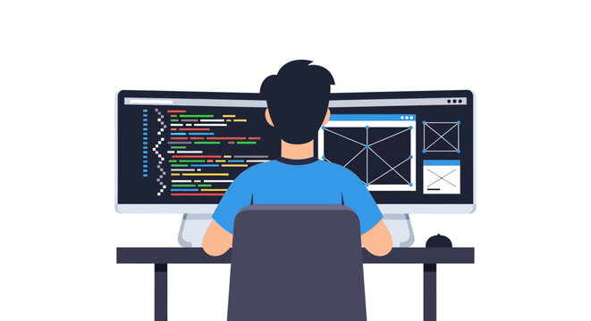 Software Developer Coding at Desk with Dual Monitors Flat Vector Illustration, Programmer Working on Web Development and UI Design in Modern Office Workspace