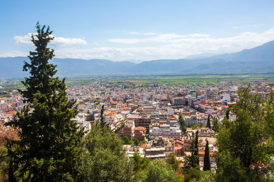 High angle panoramic view of Lamia city with the Othrys mountains in central Greece