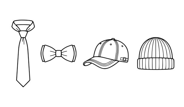 Minimalist clothing accessories vector illustration set clean black and white outline of necktie bowtie cap and beanie hat