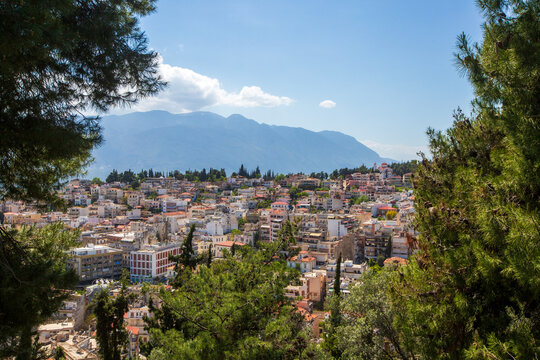 High angle panoramic view of Lamia city with the Othrys mountains in central Greece