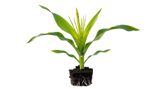 Green plant with long leaves and roots in soil isolated on white background
