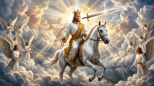 Jesus Christ riding a white horse in heaven with a crown and sword. Religious art depicting the biblical return of the messiah surrounded by angels in the clouds. Christian worship concept.