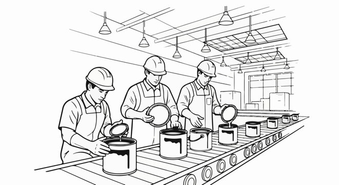 Workers at paint factory filling cans on a conveyor belt