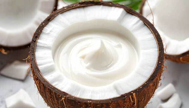 Fresh coconut half filled with creamy white substance closeup