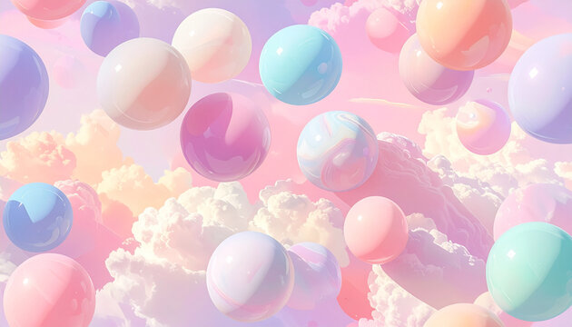 Floating pastel spheres over cloudscape