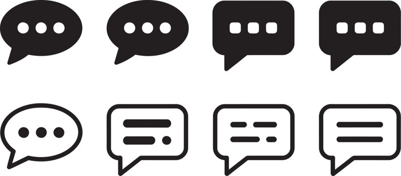 Black message vector icons, outline chat symbol, text box and minimal conversation illustration, clip art vector stock set for messaging apps, communication UI and digital interface design elements.