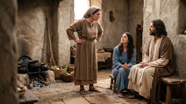 Jesus sitting with Martha and Mary in rustic house kitchen. Biblical scene depicting household life and spiritual teaching. Christian religious narrative of devotion and service.