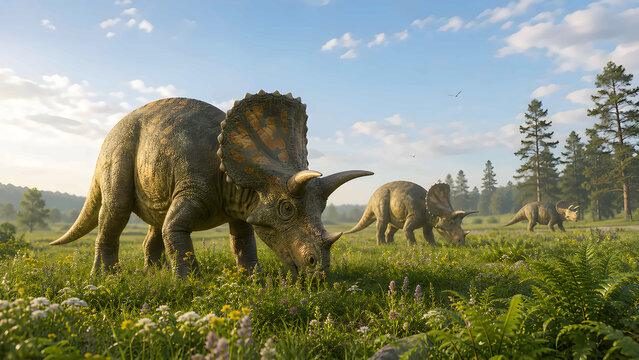 Ceratopsian dinosaurs grazing in a sunny prehistoric meadow