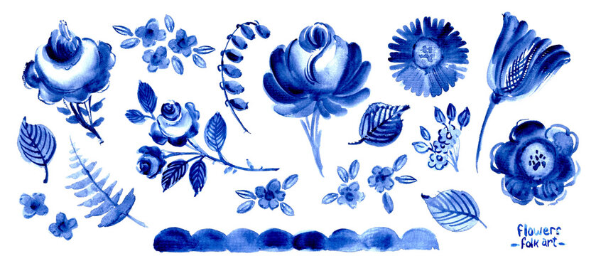 Hand drawn watercolor blue floral decor. Folk art decorative elements set with flowers leaves branches. Gzhel chinaware pattern. Traditional ornamental background