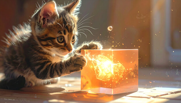 Kitten interacting with glowing cube