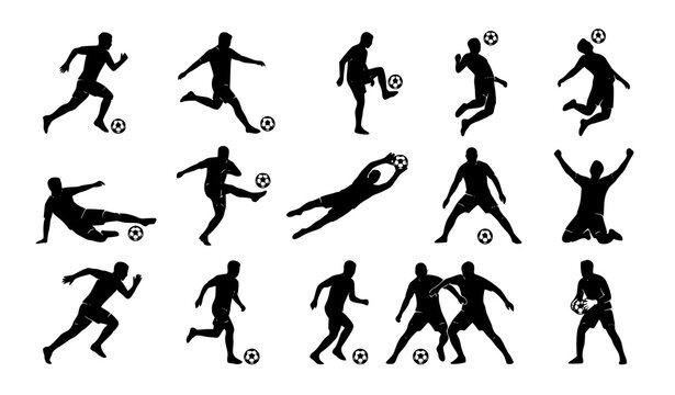 Football player silhouette vector set with 13 dynamic soccer action poses isolated on white background