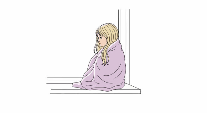 Young girl wrapped in a blanket sits near a window