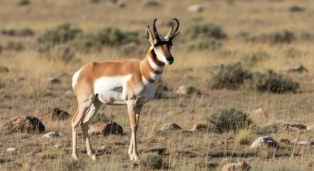 Fototapeta premium Pronghorn antelope grazing in a grassy field