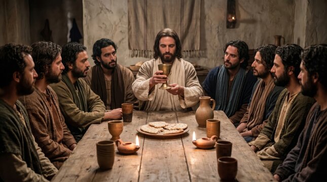 Jesus holding chalice with group of disciples during the Last Supper. Biblical scene of Eucharist celebration around table with bread and wine. Christian religious worship event.