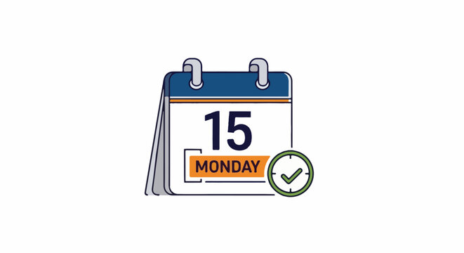 A calendar shows Monday the 15th with a checkmark