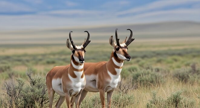 Two pronghorn antelopes standing in green meadow