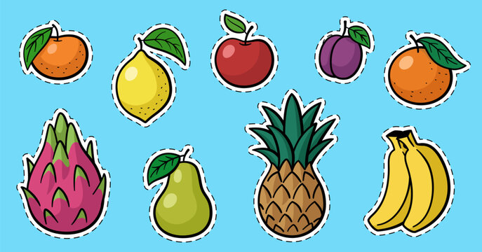 Fruit stickers patch set. Cartoon organic food icons with black outline, white stroke and dotted line. Vector collection of pineapple, dragon fruit, apple, pear, plum, and citrus.