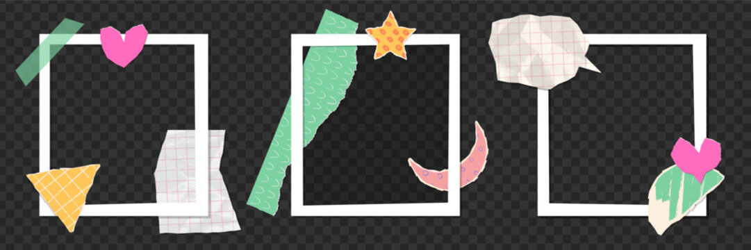 Minimal scrapbook photo frame set with white squares decorated by taped, torn paper pieces, hearts, moon and star stickers, abstract textured collage template for notebooks, diaries, sm stories.Vector